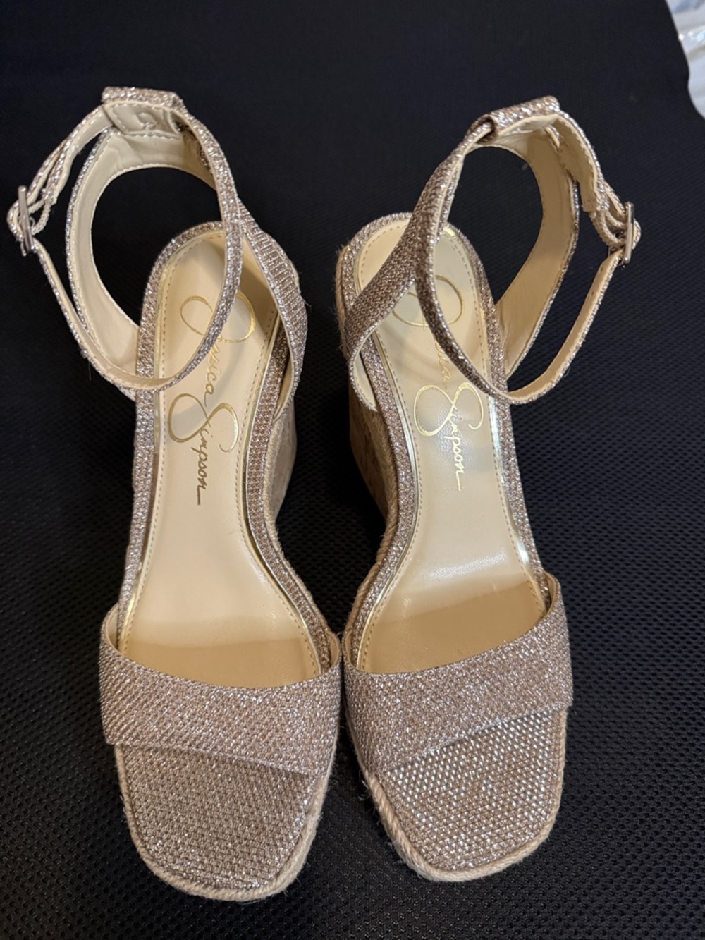New Jessica Simpson Sparkles Mesh Gold Wedge Sandals Size 6 1/2 M